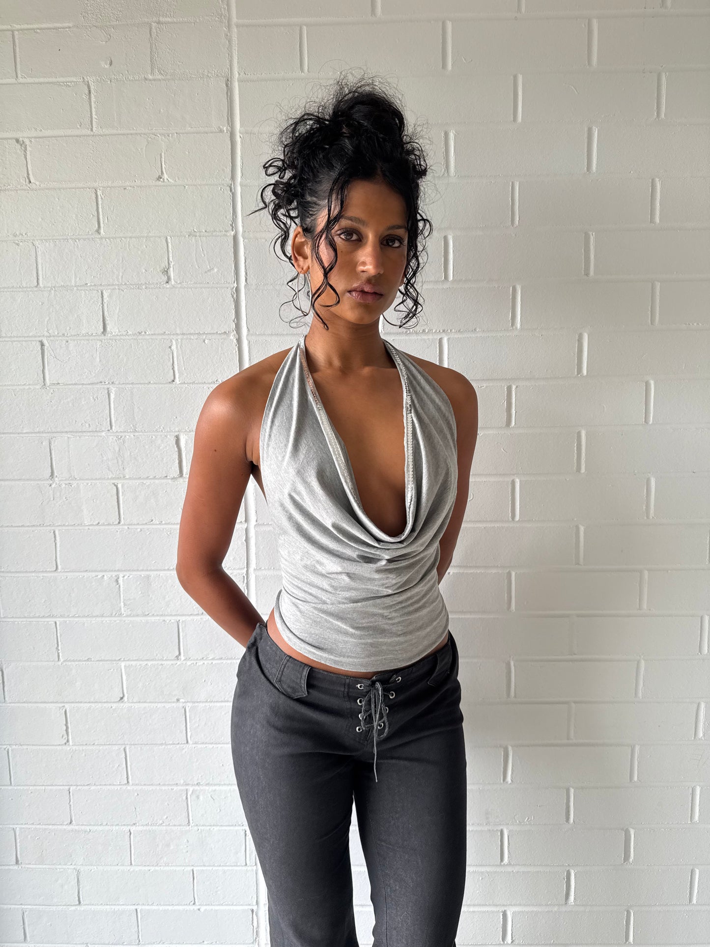 Sequin Cowl Neck Top Grey