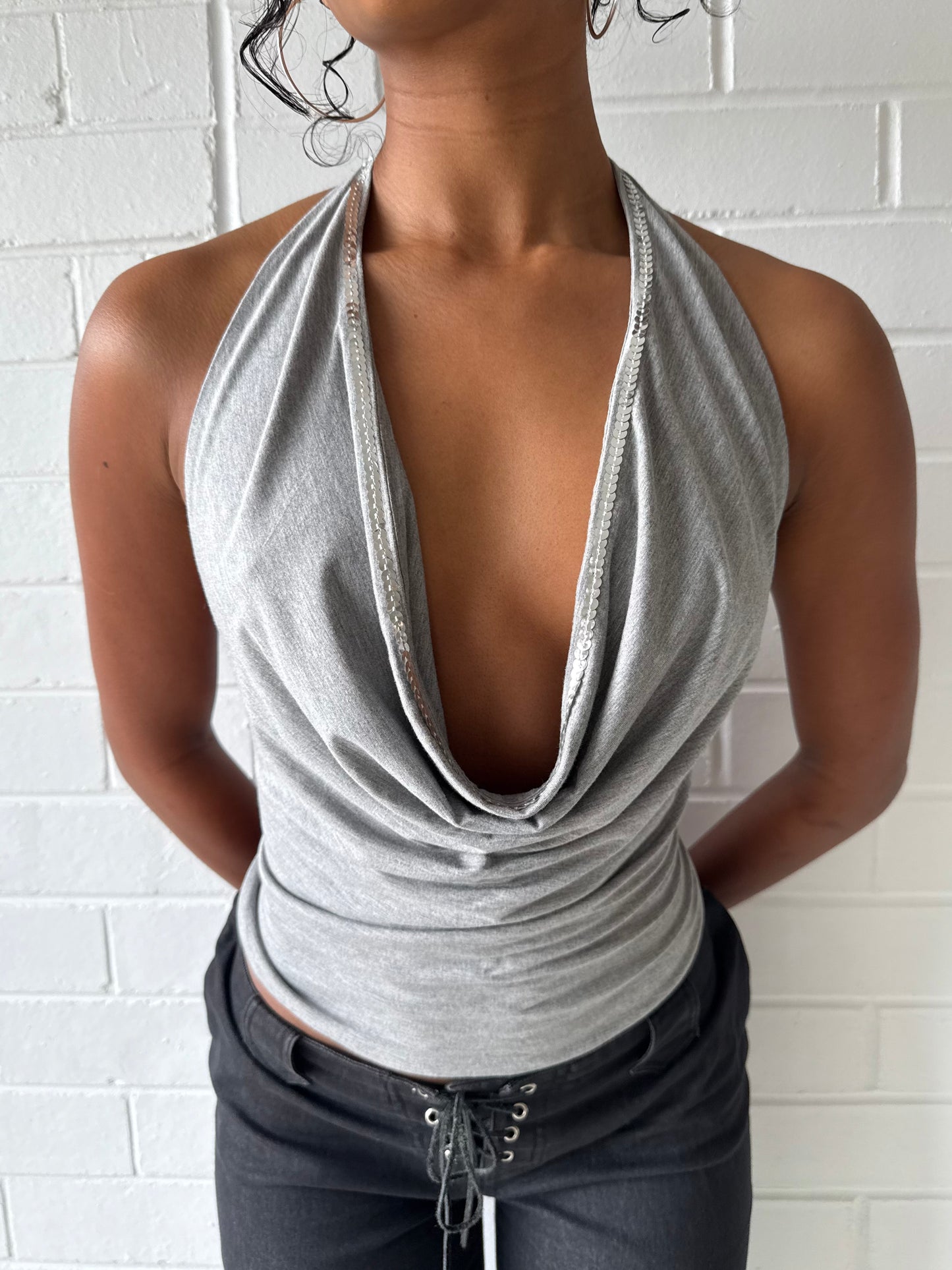 Sequin Cowl Neck Top Grey